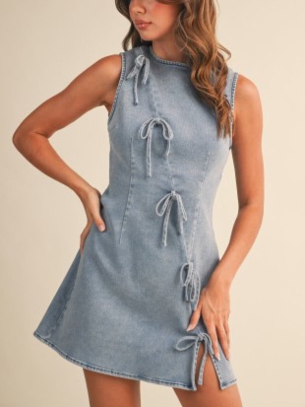 Ribbon Detailed Denim Mini Dress